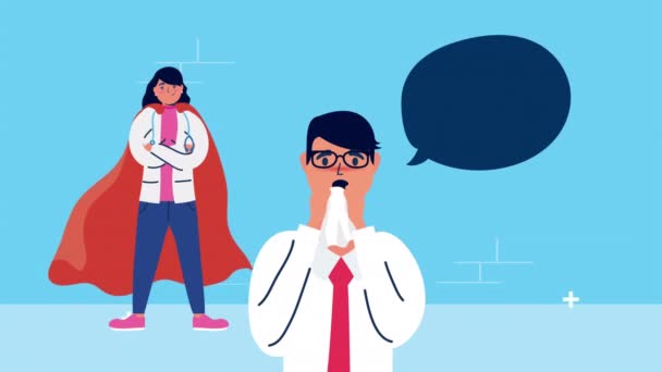 Super ženský lékař s hrdinou plášť a nemocný muž — Stock video