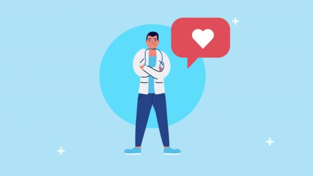 Professionele mannelijke arts met hart in spraakbel — Stockvideo