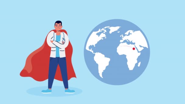 Médico profesional masculino con capa de héroe y mapas de tierra — Vídeo de stock
