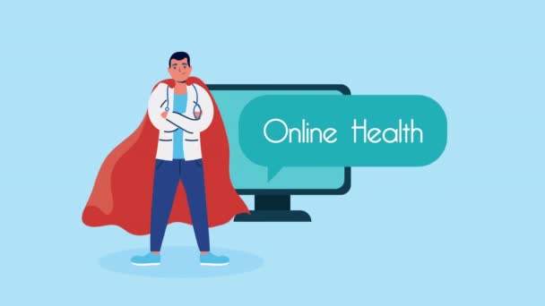 Médico com capa de herói na telemedicina desktop — Vídeo de Stock