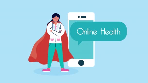 Žena lékař s hrdinou plášť v smartphone telemedicíny — Stock video
