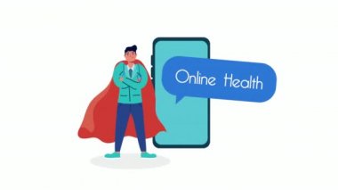 Akıllı telefon teletıp pelerinli bir doktor.
