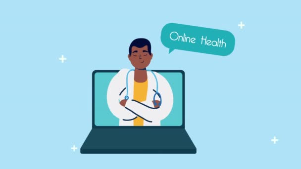 笔记本电脑远程医疗方面的非洲裔医生 — 图库视频影像