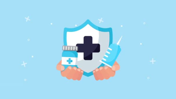 Shield with drugs healthcare animation — Stock Video