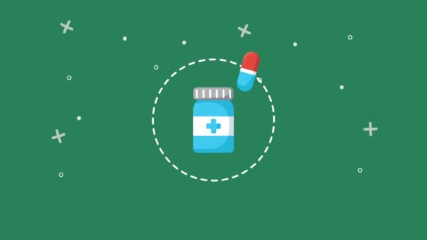 Flessengeneesmiddelen en capsule gezondheidszorg animatie — Stockvideo