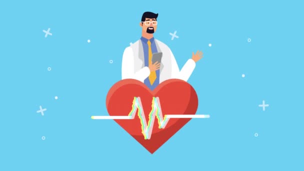 Arts met behulp van smartphone gezondheidszorg online en hart cardio — Stockvideo