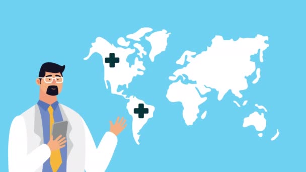 Médico usando teléfono inteligente atención médica en línea y mapas del mundo — Vídeos de Stock