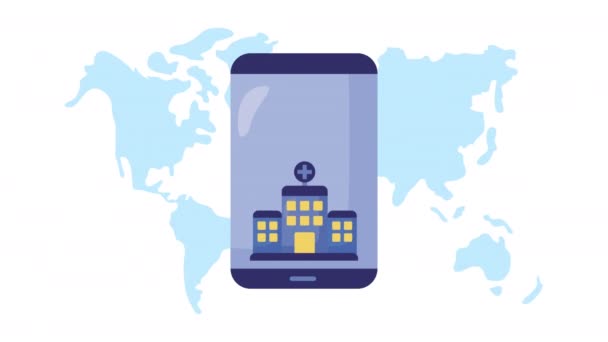 Smartphone com saúde online e edifício hospitalar — Vídeo de Stock