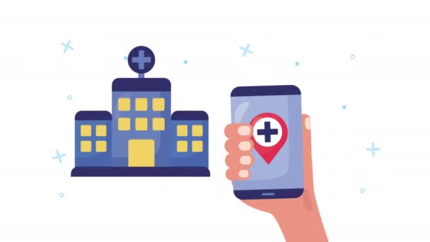 Smartphone με υγειονομική περίθαλψη σε απευθείας σύνδεση και νοσοκομείο κτίριο — Αρχείο Βίντεο