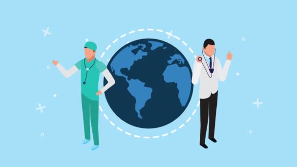 Ärzte und Erde Planet Gesundheit Online-Technologie — Stockvideo