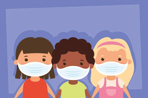 Międzyrasowe małe dzieci za pomocą twarzy maski znaków — Wektor stockowy