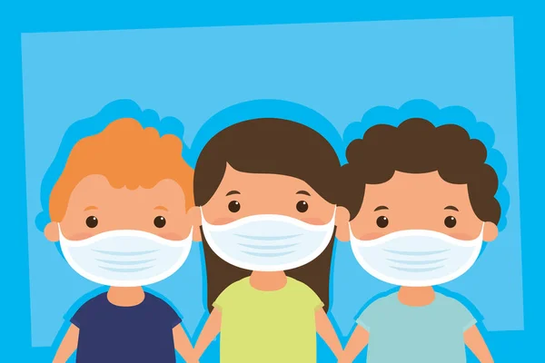 Małe dzieci za pomocą twarzy maski znaków — Wektor stockowy