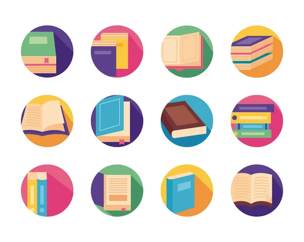 Bundle of text books block style icons — Stock Vector