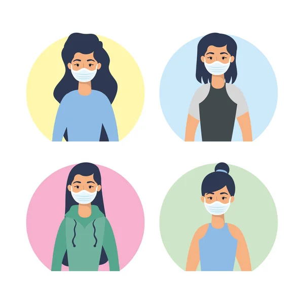 Mulheres jovens usando máscaras faciais personagens — Vetor de Stock