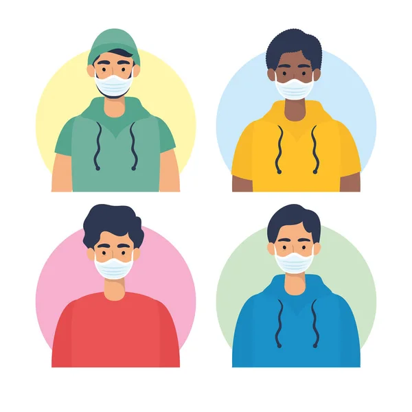Různé mladé muže pomocí obličejové masky znaky — Stockový vektor