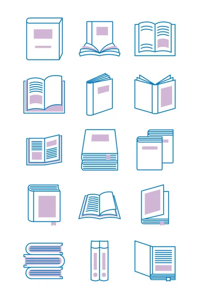 Bundle of text books line style icons — Stock Vector