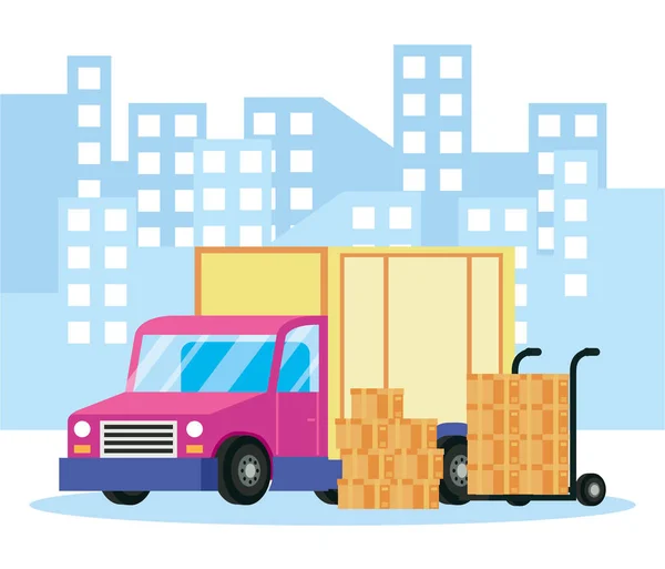 Lastbilstransport med lådor på staden — Stock vektor
