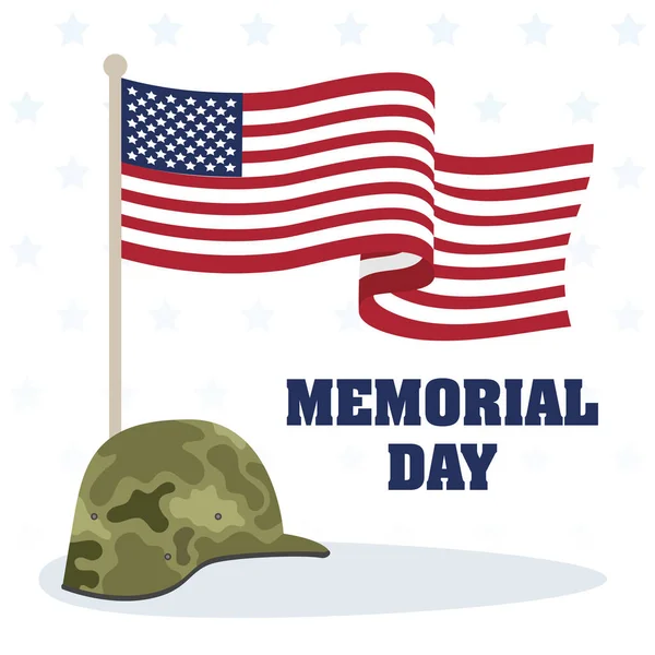 Memorial Day celebração com bandeira dos EUA e capacete soldado —  Vetores de Stock