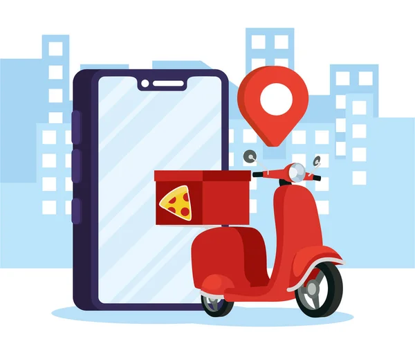 Servicio de pizza de entrega de motocicletas con smartphone — Archivo Imágenes Vectoriales
