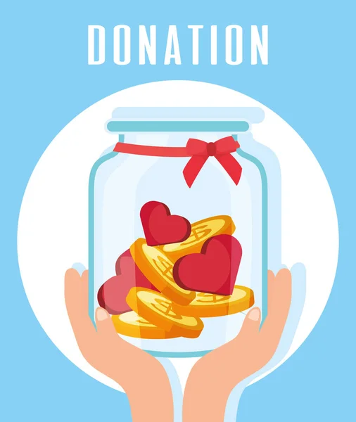 Doação de caridade mãos levantando jar com corações e moedas — Vetor de Stock