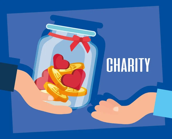 Charity donation hands giving jar with hearts and coins — Stock Vector