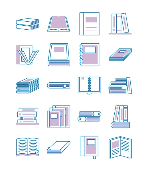 Bundle of text books line style icons — Stock Vector