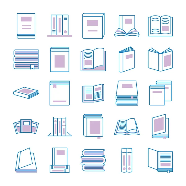 Bundle of text books line style icons — Stock Vector