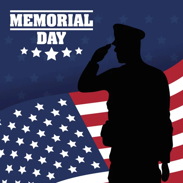 Memorial Day celebration with usa flag and officer silhouette — Stock Vector