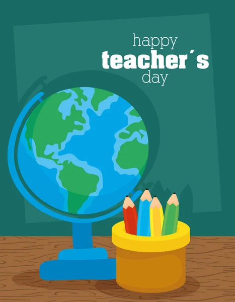 행복 한 교사의 날, 땅 의지도 와 연필 소지자들로 축하하는 날 — 스톡 벡터