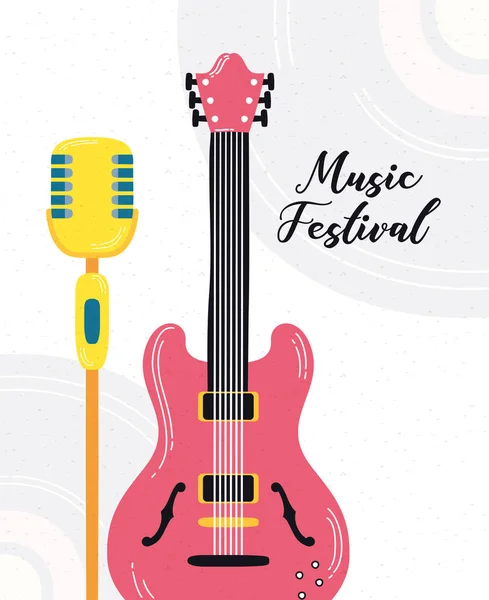 Плакат музыкального фестиваля с электрогитарой и микрофоном — стоковый вектор