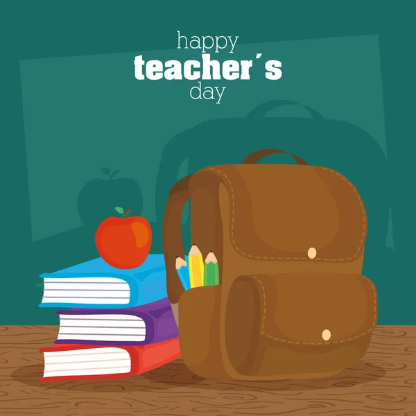 Gelukkige leraren dag viering met schoolbord en boeken — Stockvector