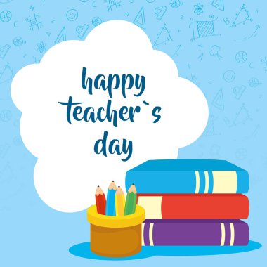 Mutlu öğretmenler günü kutlaması kitaplar ve kalem tutacaklarıyla.