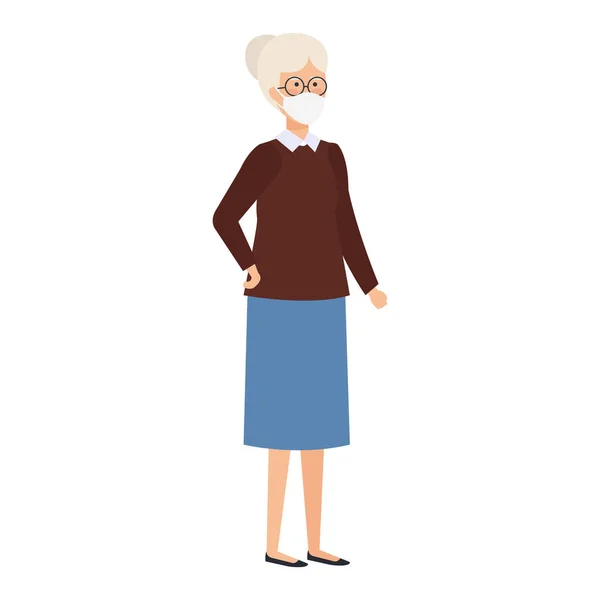 Oude vrouw met gezichtsmasker geïsoleerd icoon — Stockvector