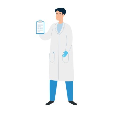 Doktor erkek, ameliyat eldivenleri ve not panosu var.