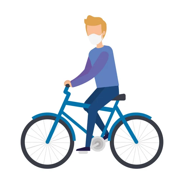 Jeune homme avec masque facial en vélo — Image vectorielle