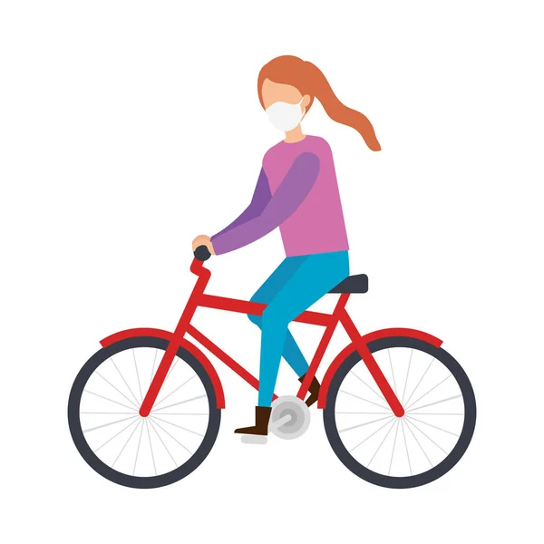 Mujer joven con máscara facial en bicicleta — Vector de stock