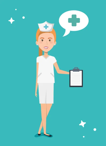 Krankenschwester mit Klemmbrett und Sprechblase — Stockvektor