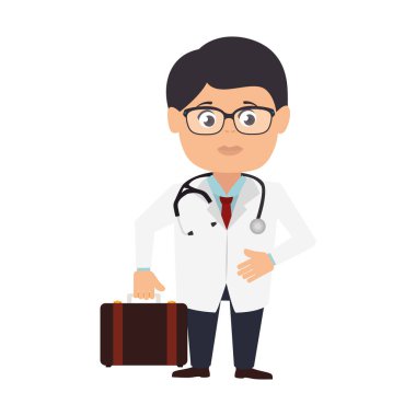 Steteskop ve bavullu doktor erkek.
