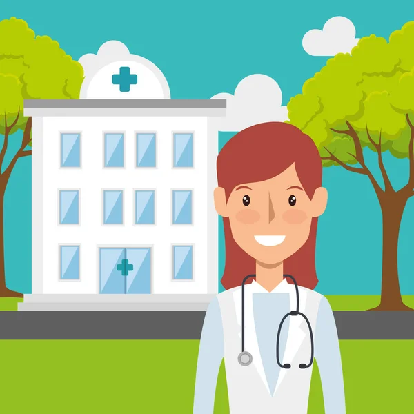 Medico femminile con facciata di ospedale — Vettoriale Stock