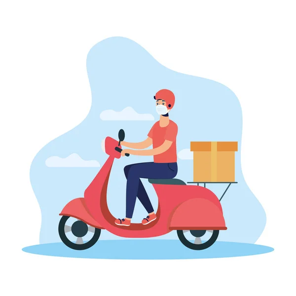 Trabajador de servicios de entrega con máscara facial en motocicleta — Vector de stock