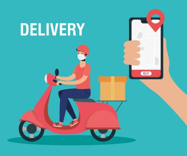 motorsiklette akıllı telefonlu yüz maskesi kullanan teslimatçı