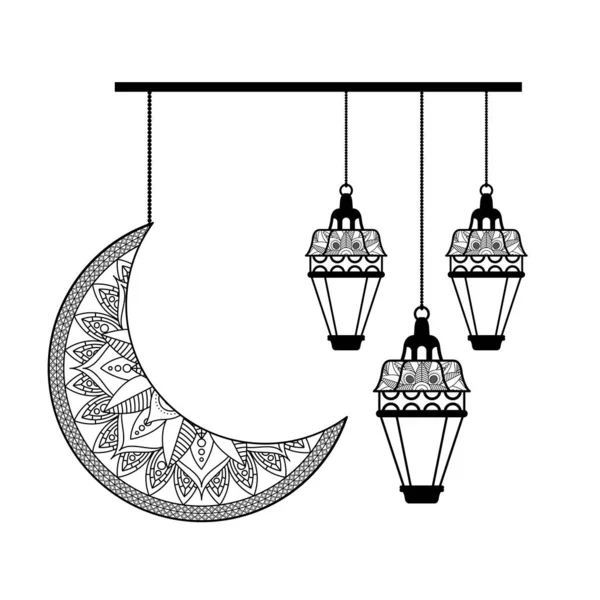 Monochrom Mond und Laternen hängen Ramadan Kareem — Stockvektor