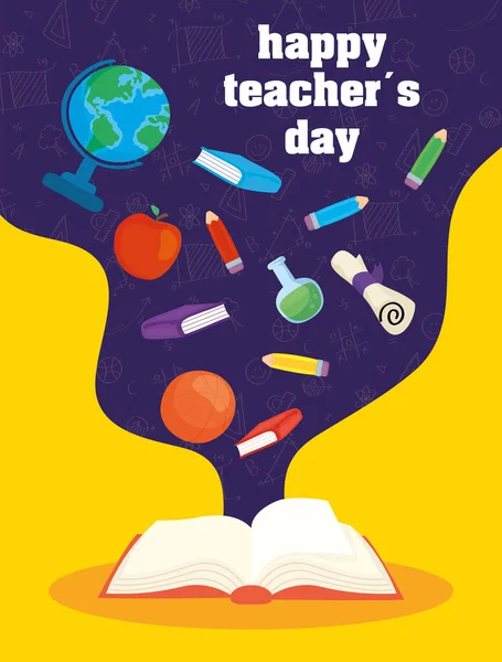Happy teachers day celebration with book and supplies — Stock Vector