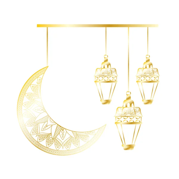 Золотая луна и фонари, висящие на рамадан-кариме — стоковый вектор