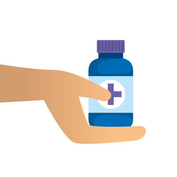 Hand with bottle of capsules medicine isolated icon — Stock Vector