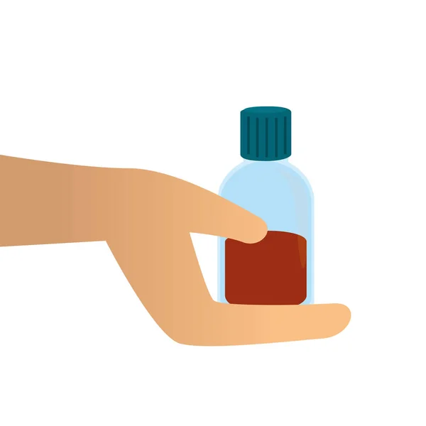 Hand with bottle of medicine isolated icon — Stock Vector