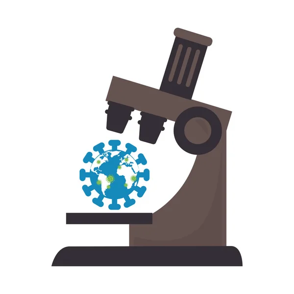 Pianeta del mondo con particelle covid 19 e microscopio — Vettoriale Stock