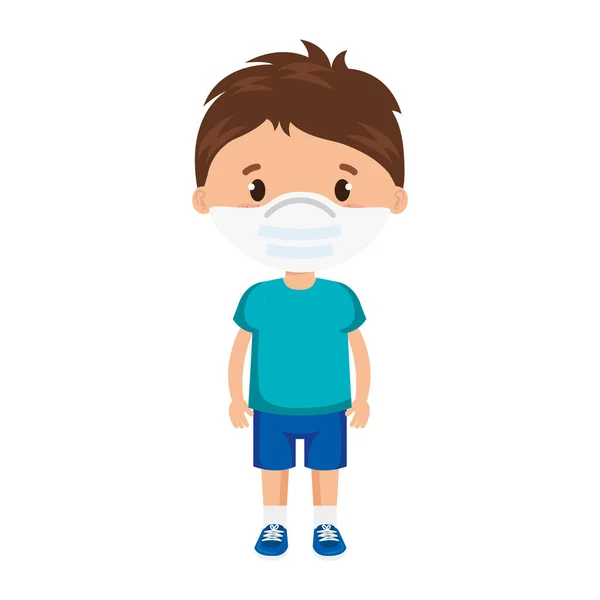 Mignon garçon en utilisant visage masque icône isolée — Image vectorielle