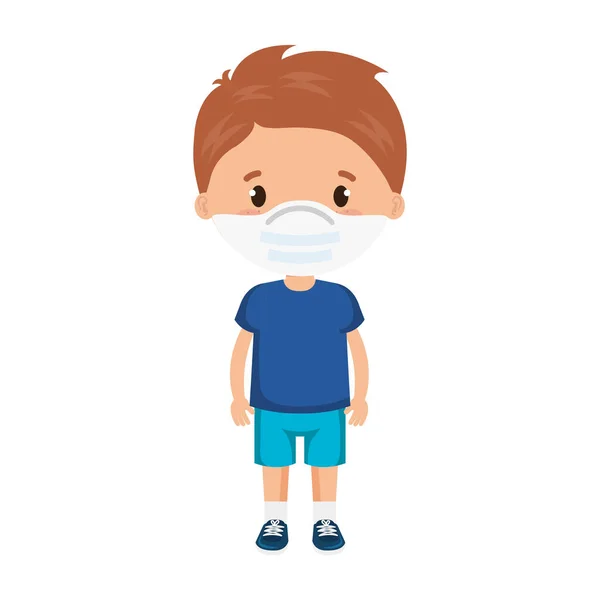 Schattig jongen met gezichtsmasker geïsoleerd pictogram — Stockvector