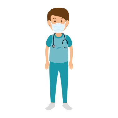 Erkek sağlık görevlisi steteskoplu yüz maskesi kullanıyor.